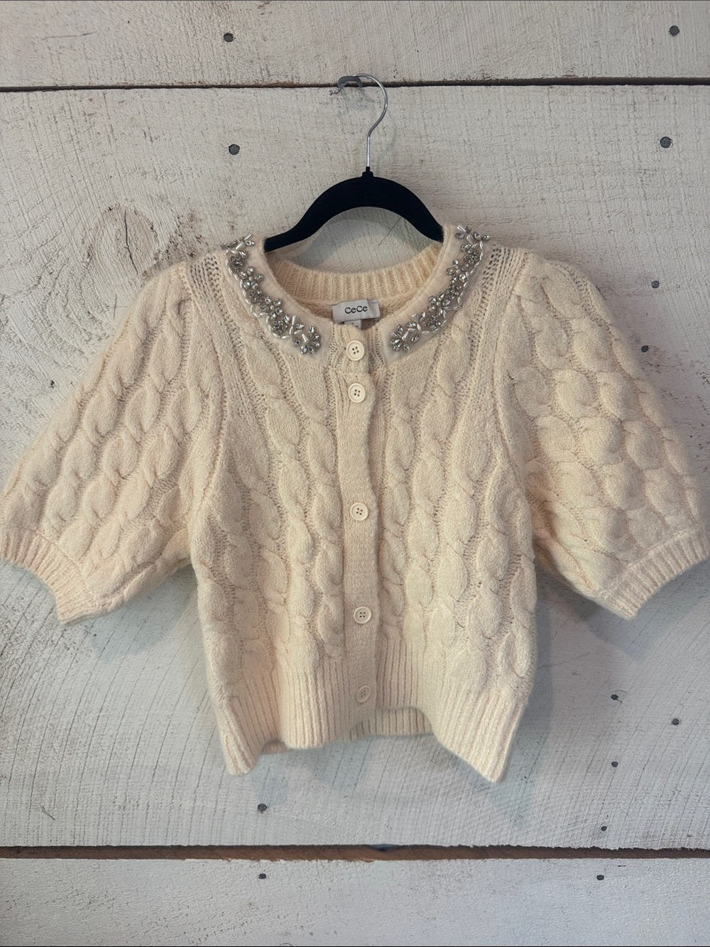 CeCe Cream Short-Sleeve Cable Knit Cardigan with Beaded Collar